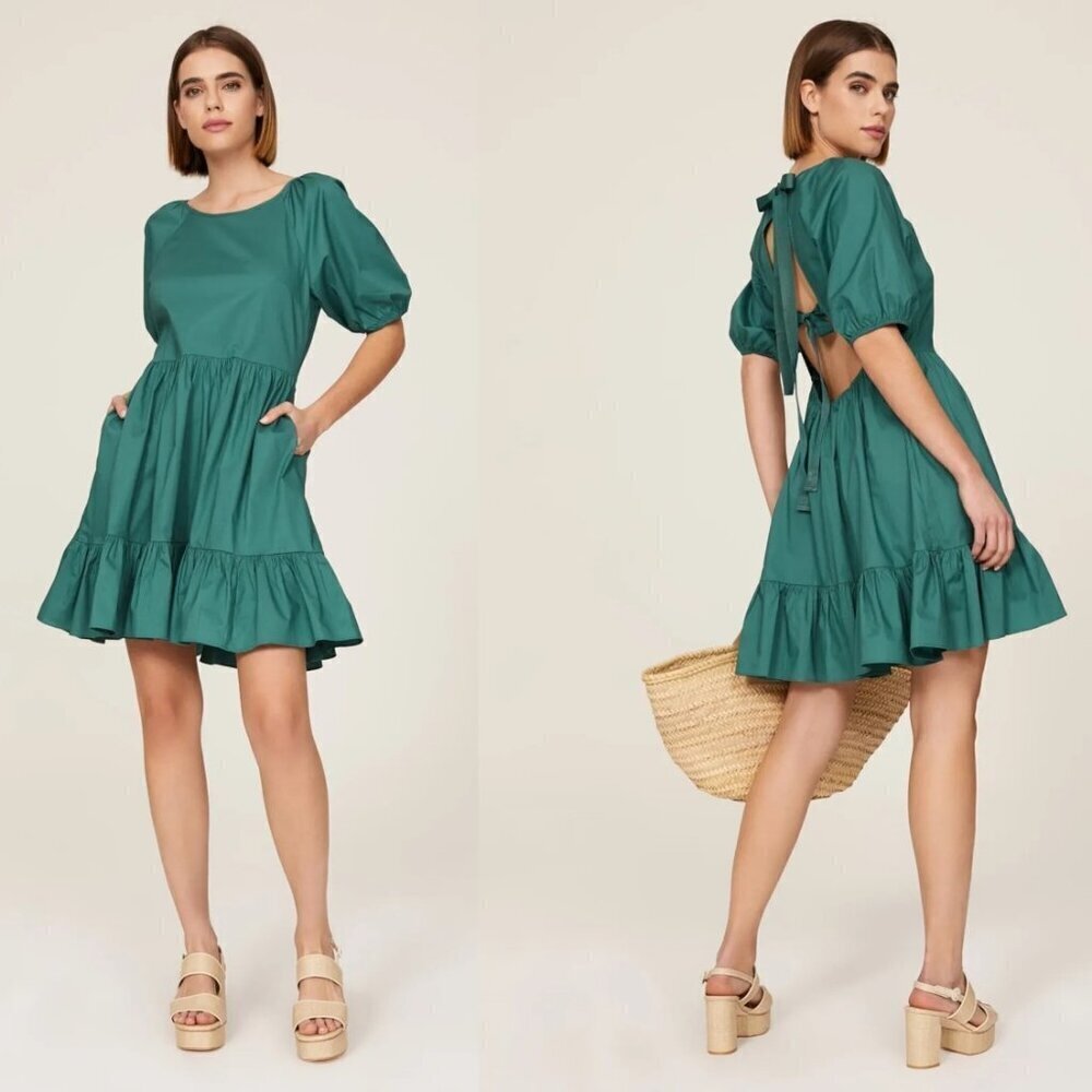 Peter Som Cotton Open Back Teal Green Puff Sleeve Tiered Mini Dress
